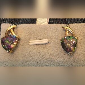 10mm Trillion Cut Mystic Topaz Stud Earrings – 14K Gold – Large Statement Studs